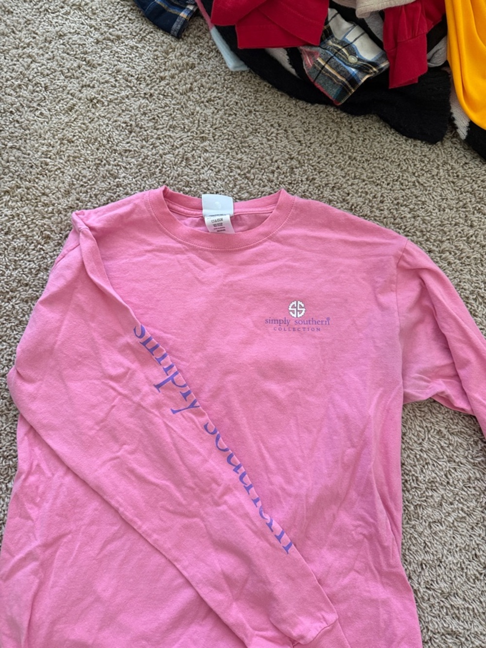 Simply Southern Pink Long Sleeve Tee with Chest Logo and Sleeve Script
